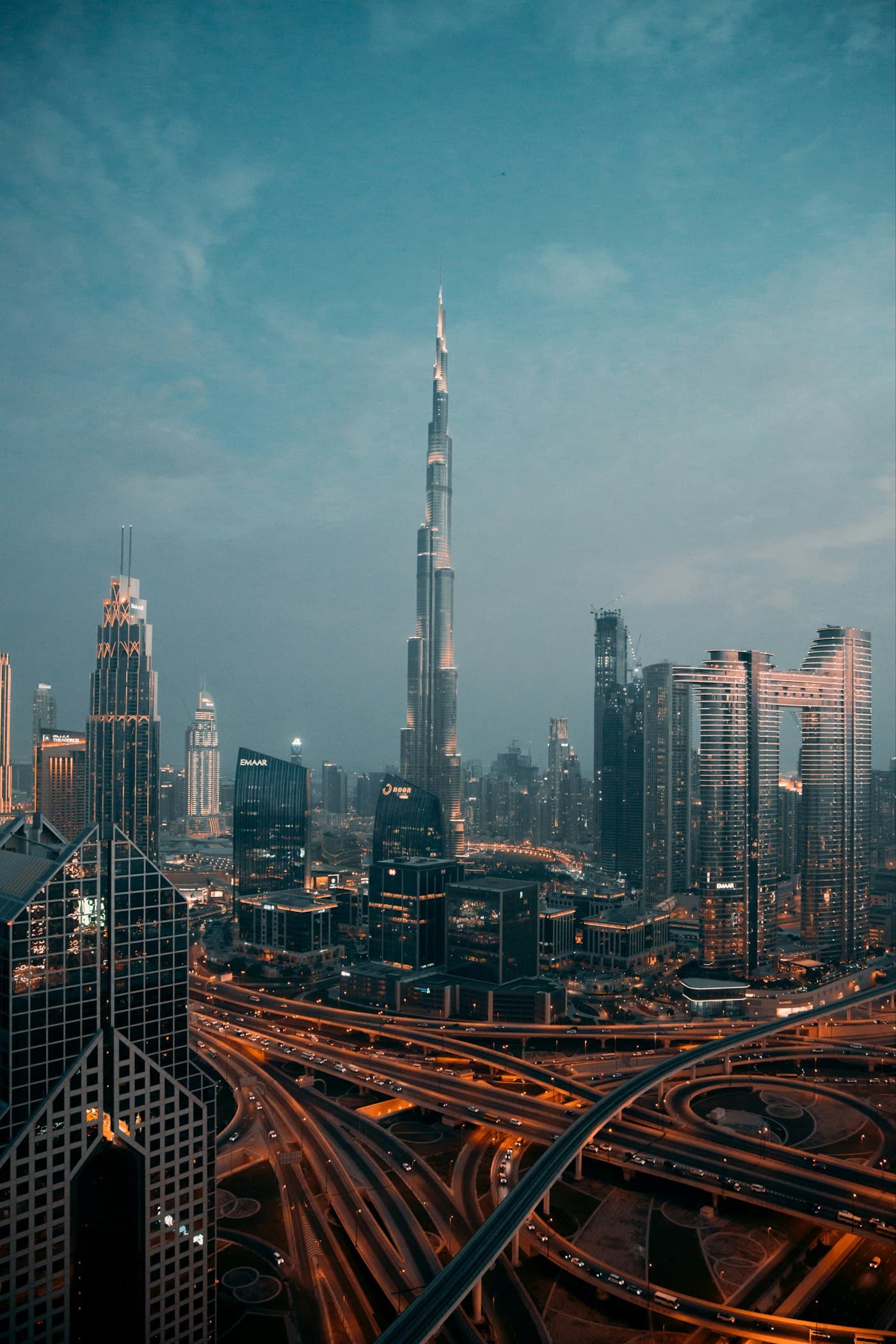 Downtown Dubai at dusk seen from a high floor